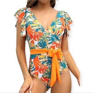 NWT Binlowis V Neck Ruffle One Piece Tropical Floral Print Belt Tie Swimsuit